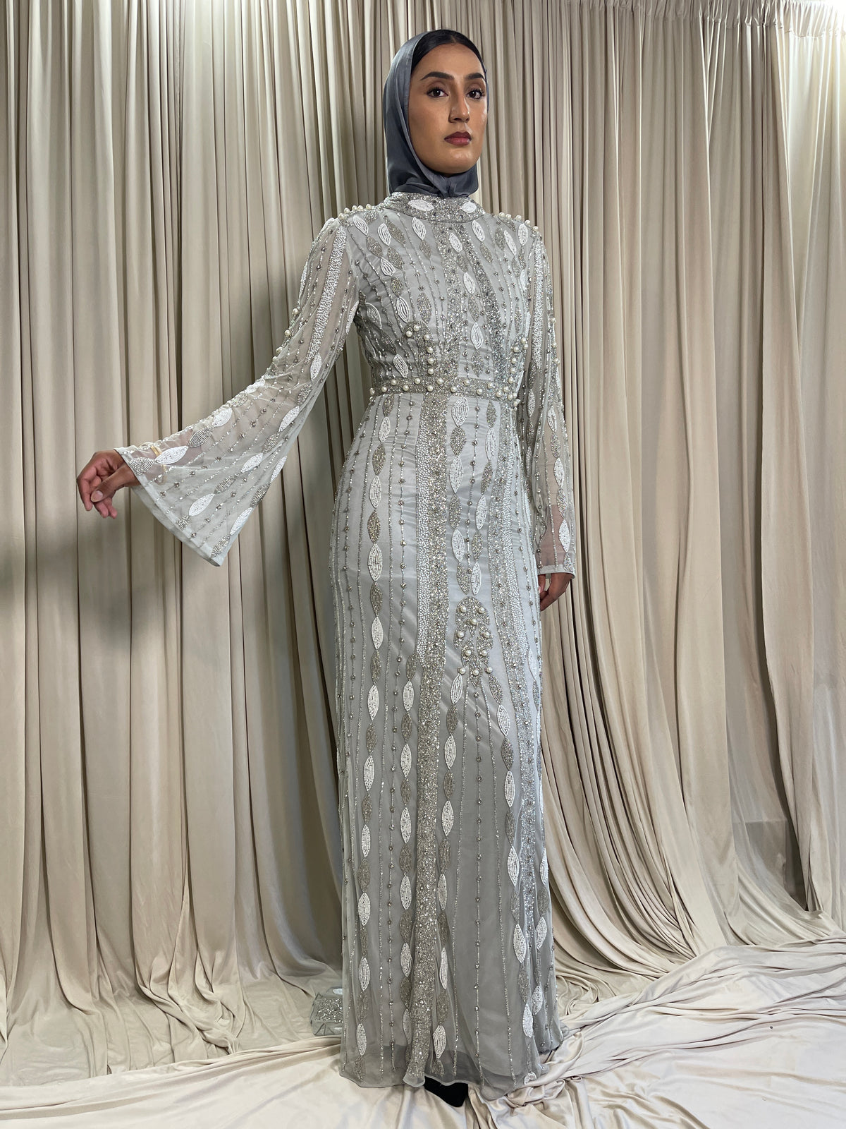 Asiyah's Collection - Pearl Hand-Beaded Modest Evening Gown – Silver Gray - Dress