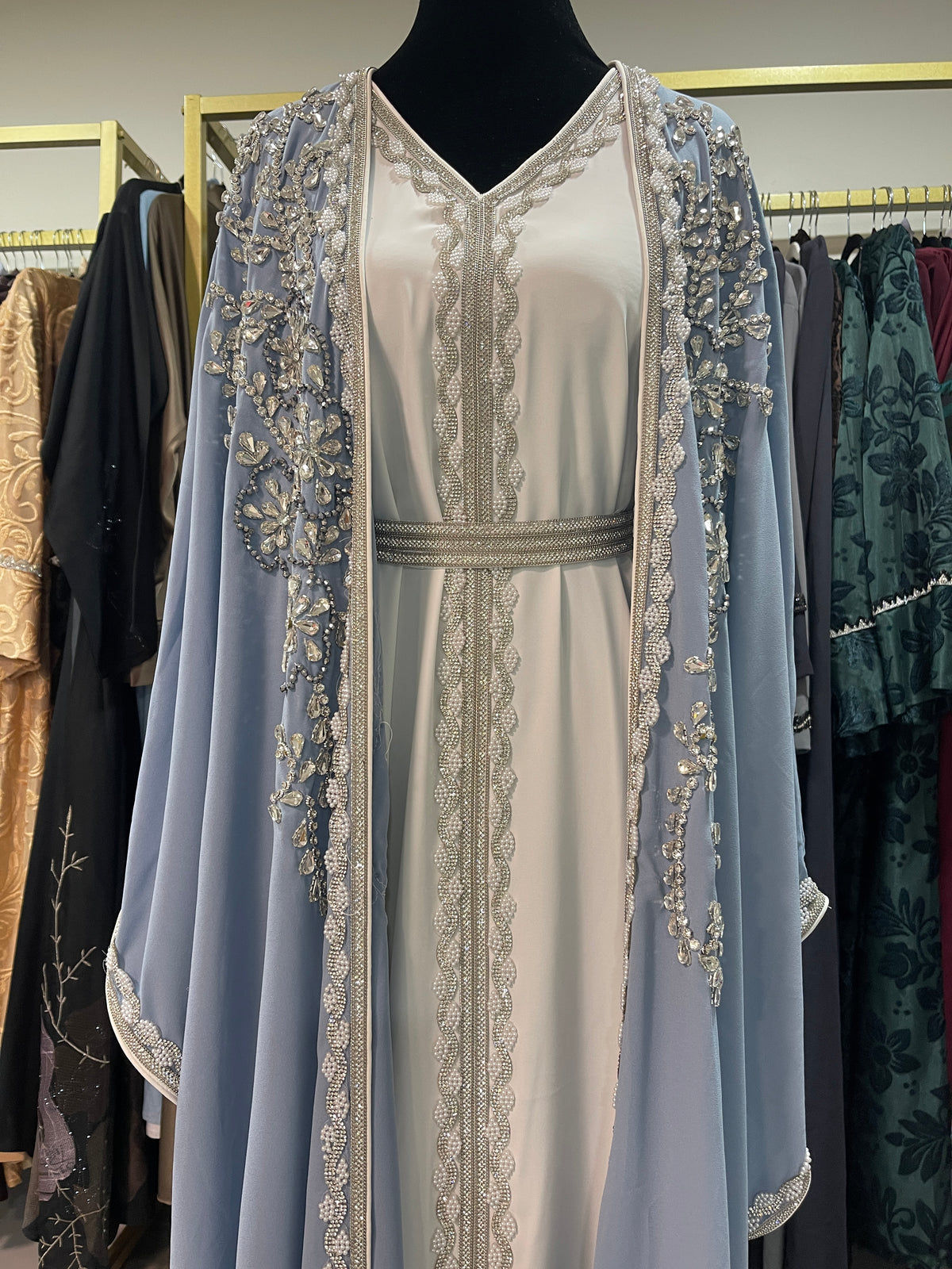 Asiyah's Collection - Radiance Abaya – Hand-Beaded Rhinestone Set with Belted Underdress - Abaya