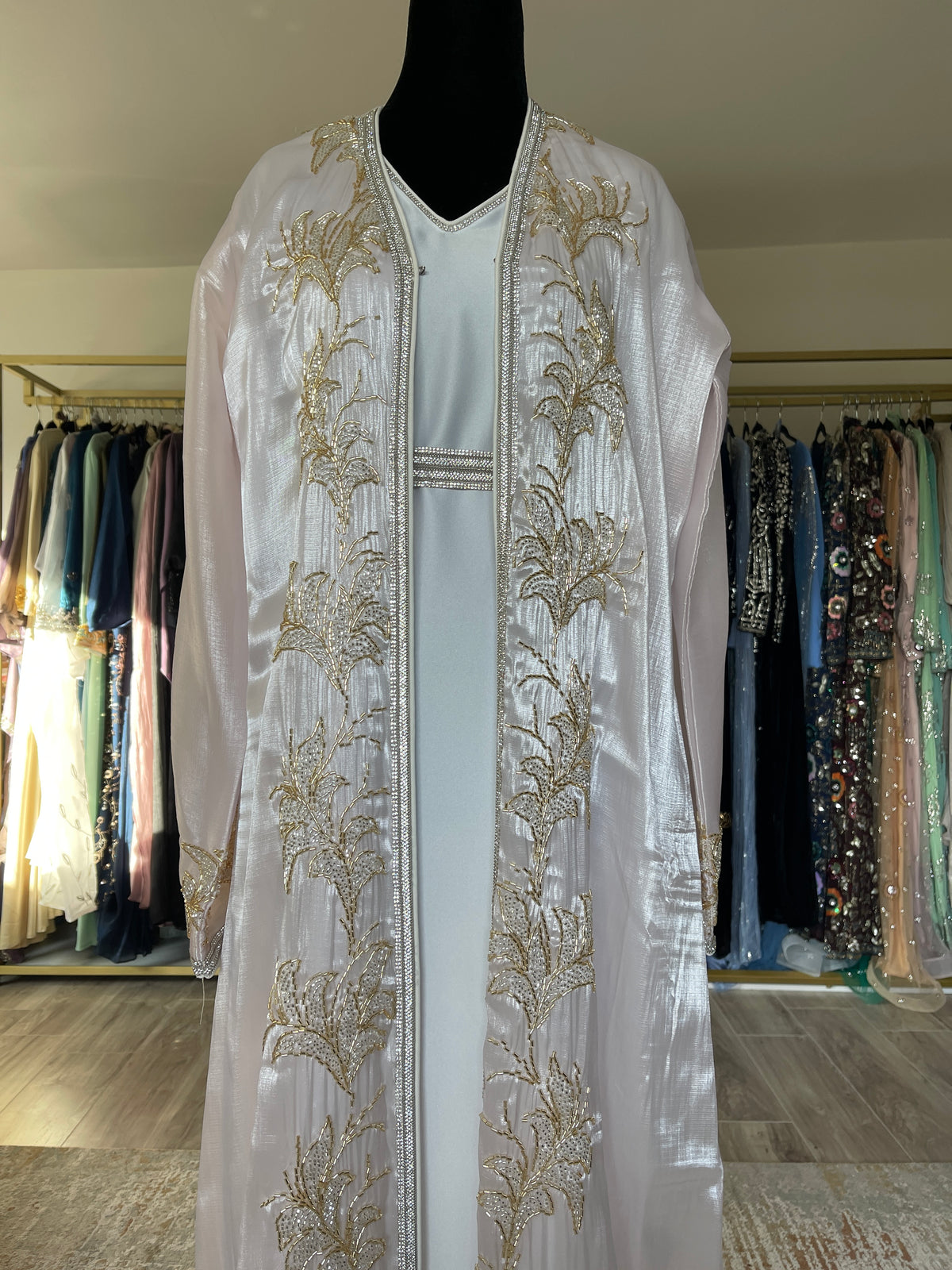 Asiyah's Collection - Blush Noor Beaded Abaya Set with White Inner Dress - Abaya