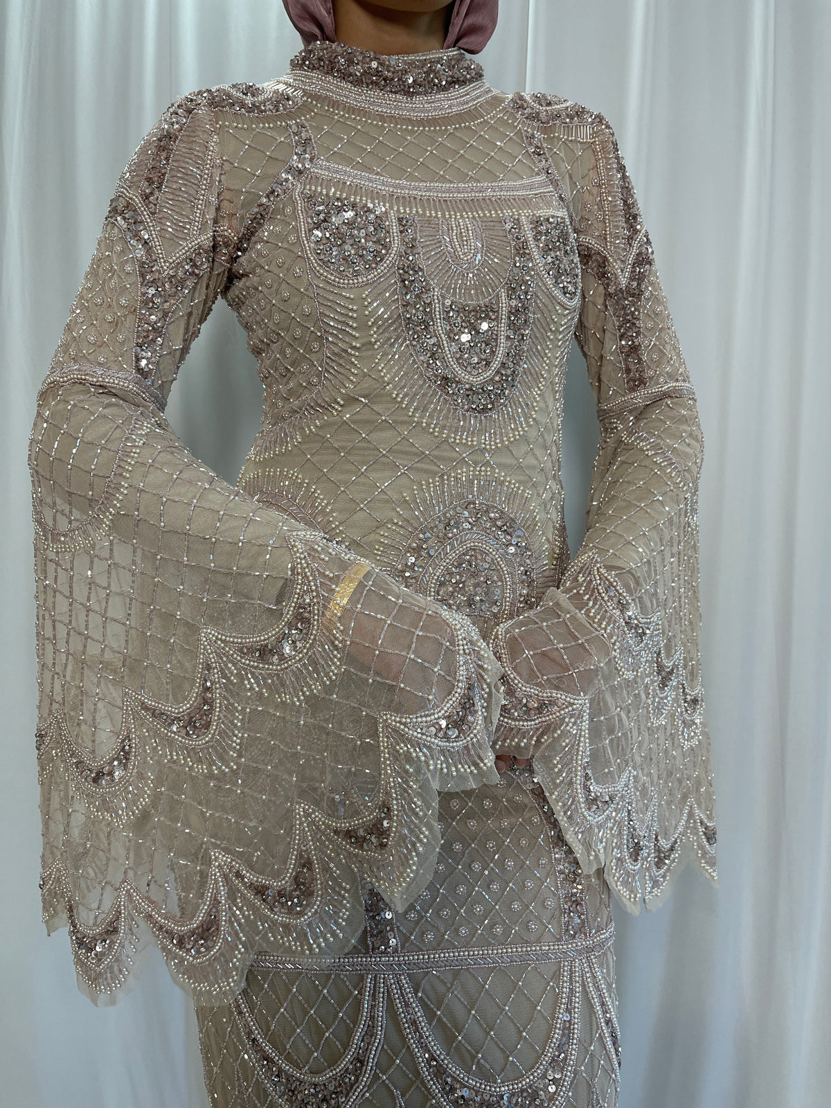 Asiyah's Collection - Luxury Champagne Hand-Beaded Modest Evening Dress with Cape Sleeves - Dress