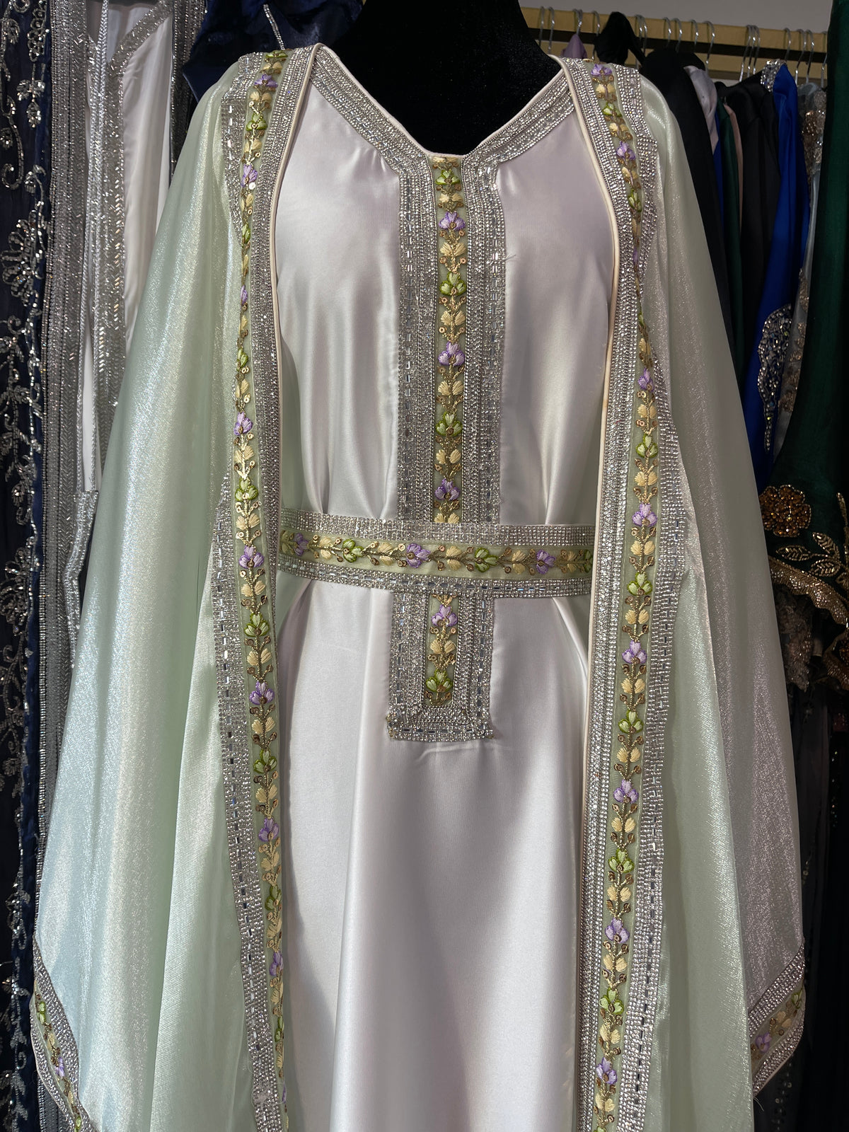 Asiyah's Collection - Mint Whisper Sheer Abaya Set with White Inner Dress - Abaya