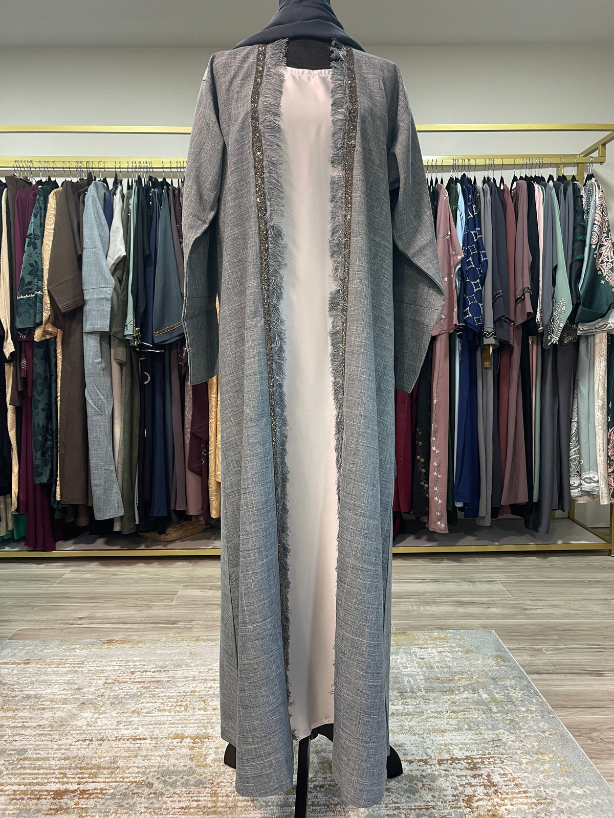 Asiyah's Collection - Elegant Linen 3-Piece Abaya in Denim Blue - Abaya