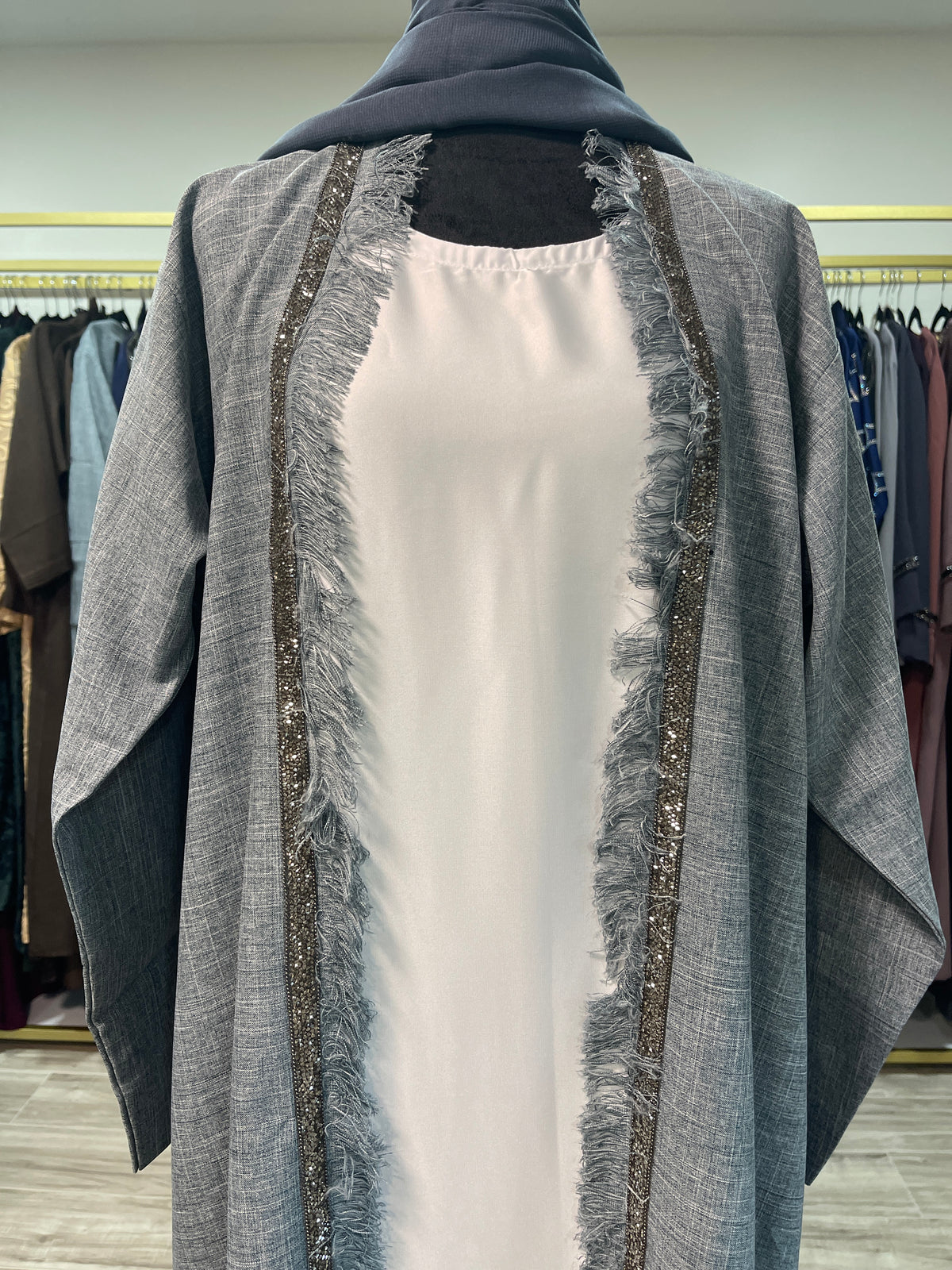 Asiyah's Collection - Elegant Linen 3-Piece Abaya in Denim Blue - Abaya