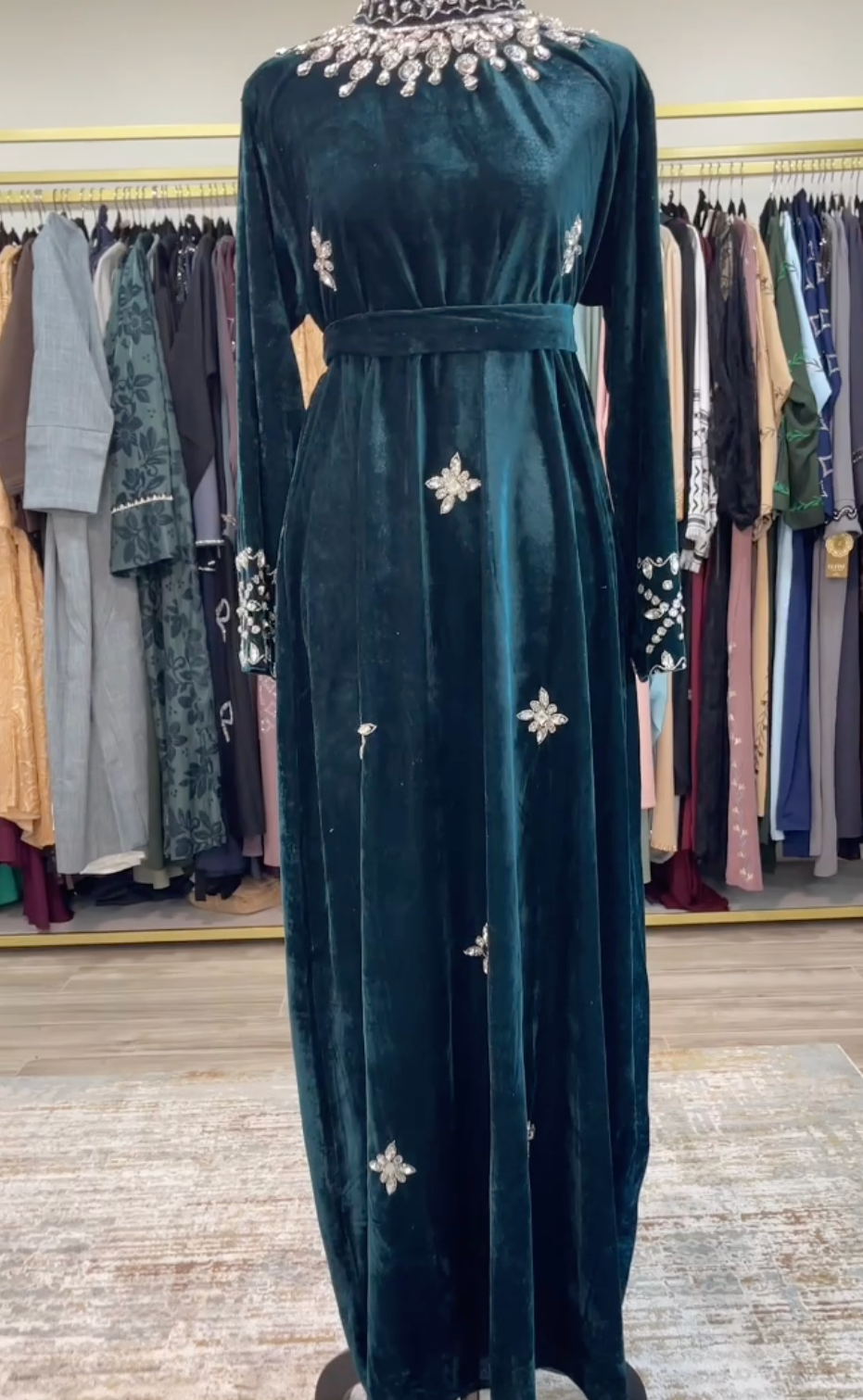 Asiyah's Collection - Dark Green Velvet Gown with Silver Rhinestones - Dress