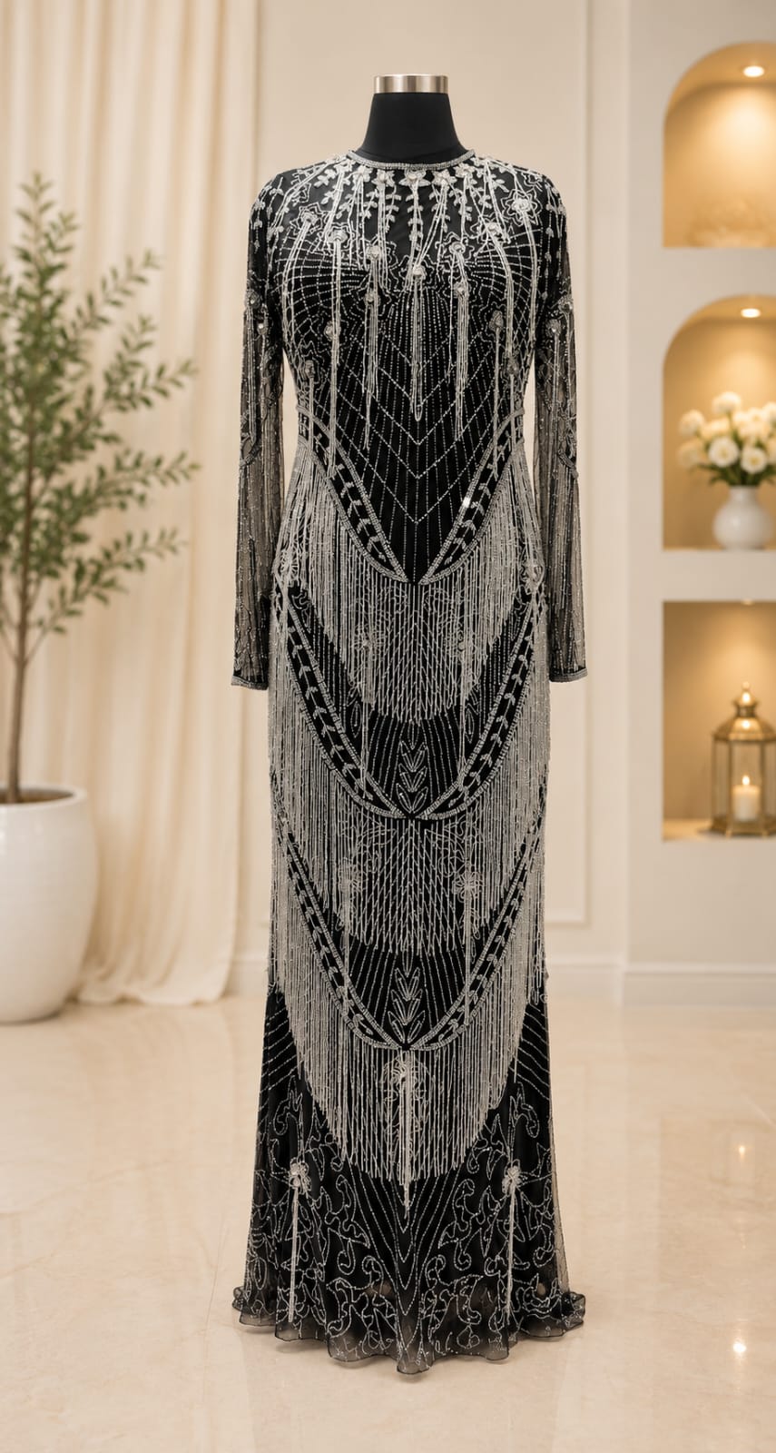 Asiyah's Collection - Midnight Noir Hand-Beaded Fringe Modest Evening Gown - Dress
