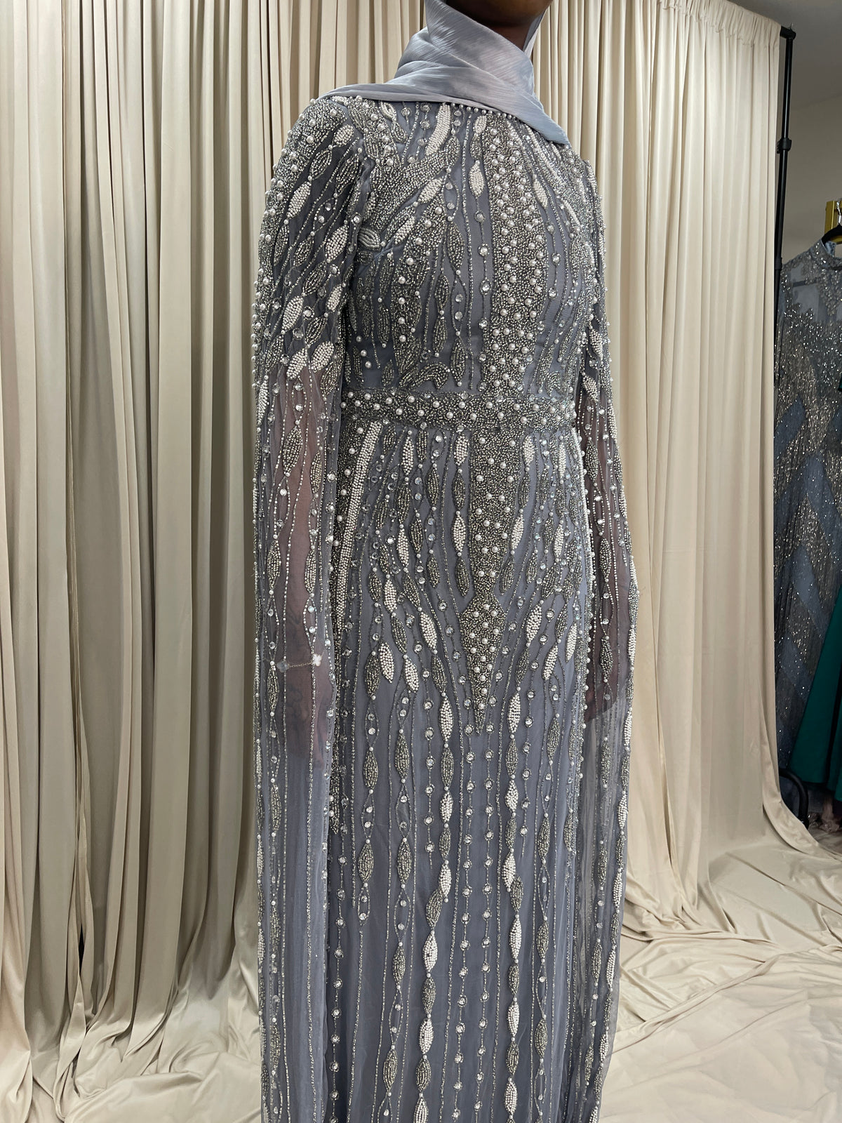 Asiyah's Collection - Pearl Hand-Beaded Modest Evening Gown – Silver Gray - Dress